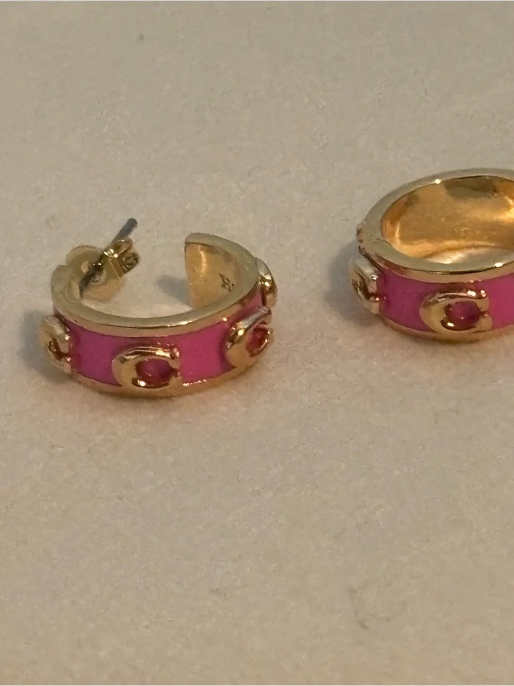 Coach Pink Enamel Signature C Gold Tone Huggie Hoop Earrings NWT Display - Picture 8 of 10
